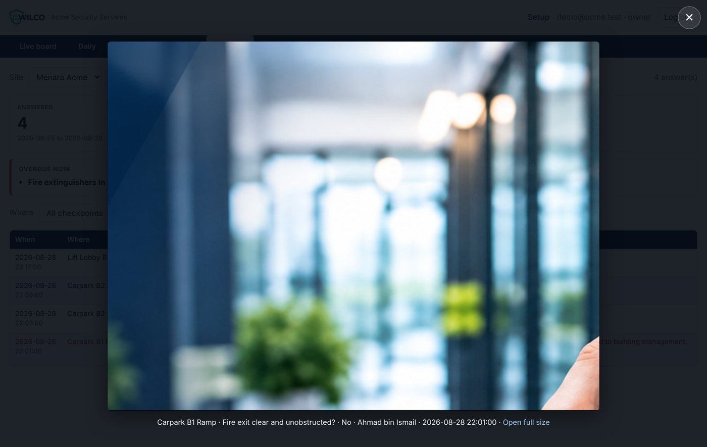 A photograph opened over the Wilco dashboard with its caption